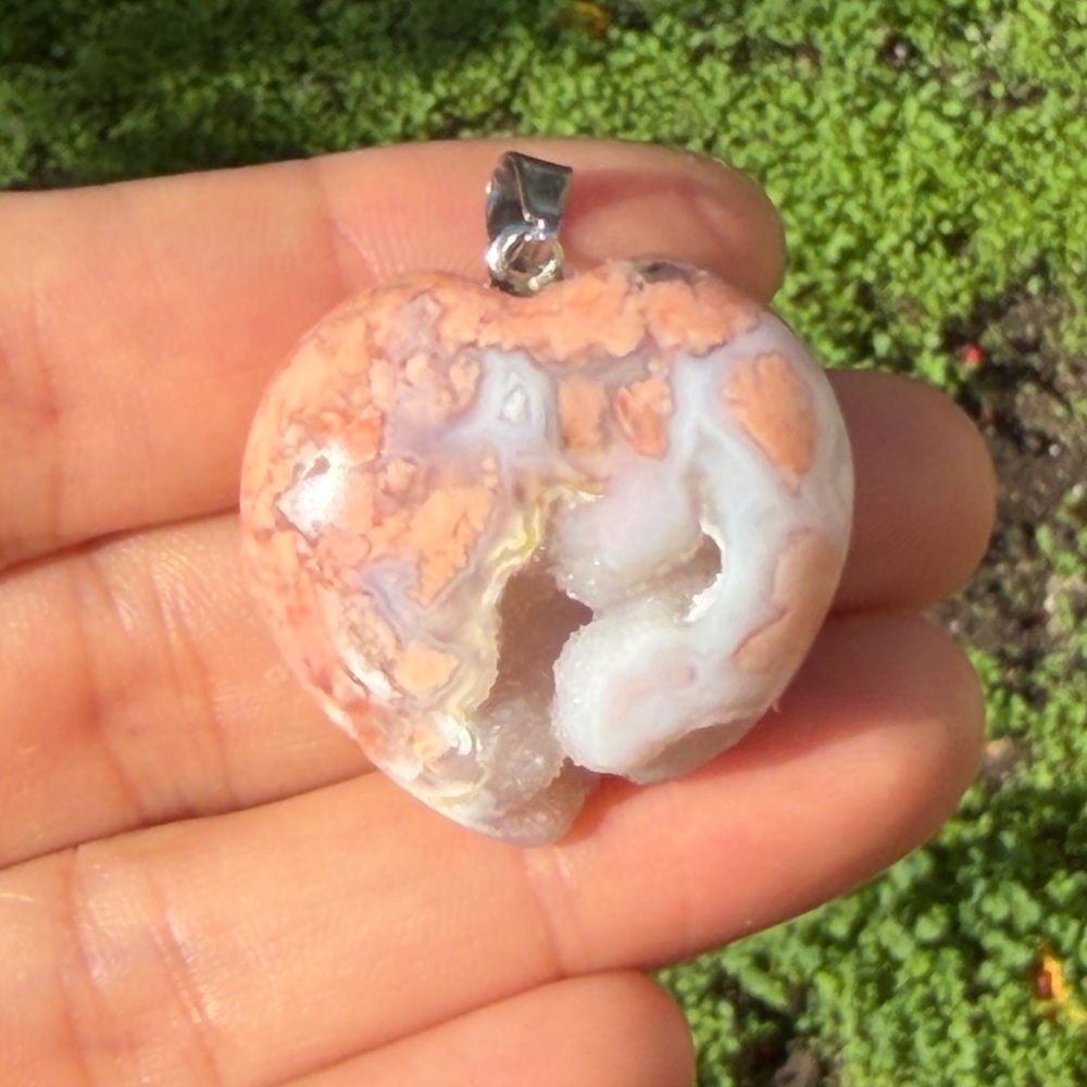 Stainless steel sparkling pink druzy flower agate pendant 0819